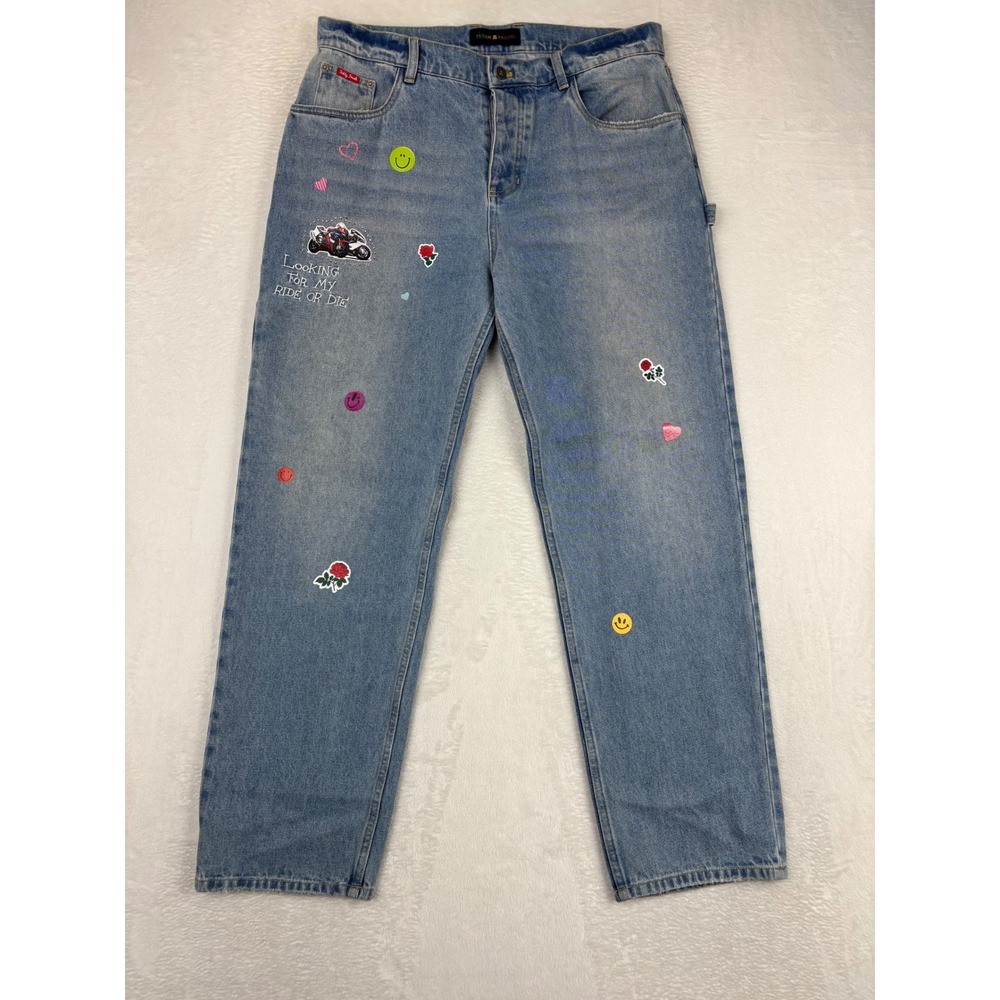 Teddy Fresh Hila Klein Mens 34x30 Jeans Ride Or Die Embroidered Light Wash Denim